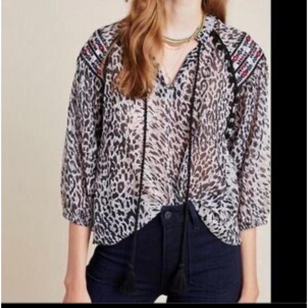Anthropologie Rina Dhaka Top Womens Small Black Leopard Print Jalisco Peasant M?